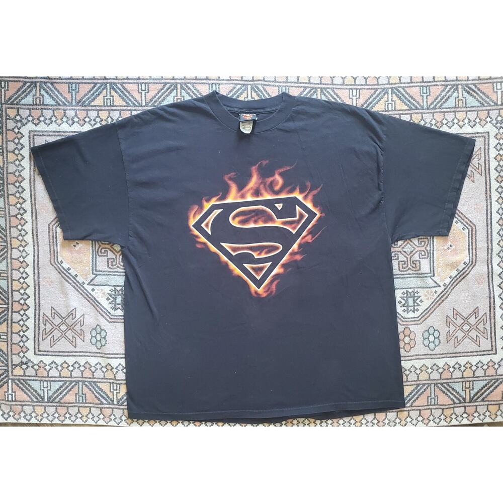 Warner Bros 2004 Superman Logo Fire Flame Black Shirt 2XL